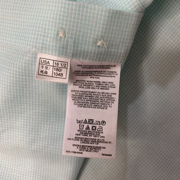 Brooks Brothers Shirt Mens 16.5 Aqua Blue Check Cotton Regent Non Iron Dress - Picture 7 of 10